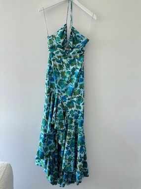 Amur Edie High Low Tie Neck Gown in Cerulean Lotus Block Print